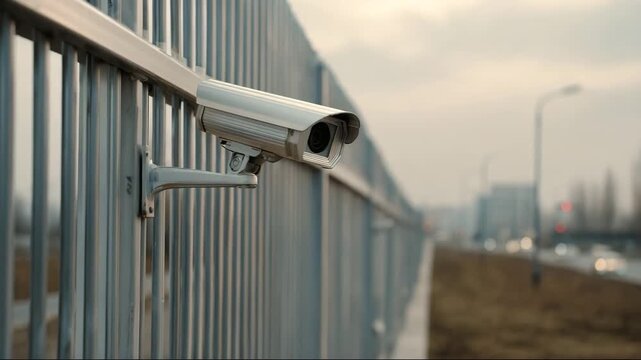 Surveillance camera mounted on fence overlooking urban road  