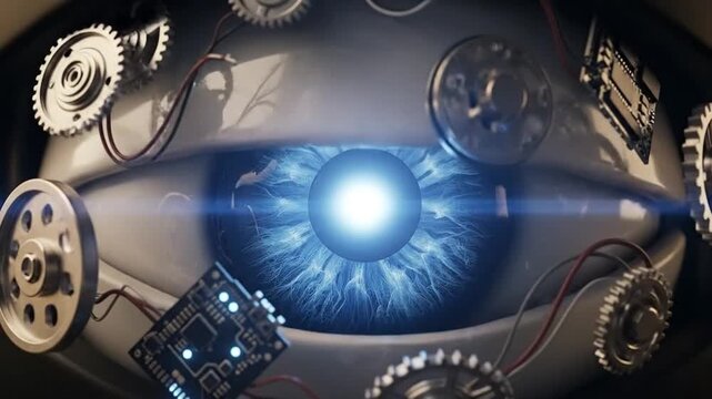 Close-up of a futuristic cybernetic eye with glowing blue iris and intricate gears on a mechanical background