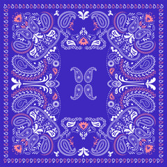 Western bandana with paisley pattern. Floral design for scarves, fabric, and textile backgrounds. retro bandanna print in purple and red tones, featuring ethnic ornaments and abstract swirls.