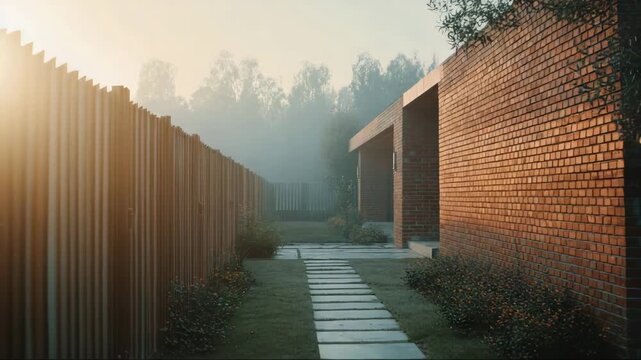 Modern pathway leading between wooden fence and brick building at sunrise  
