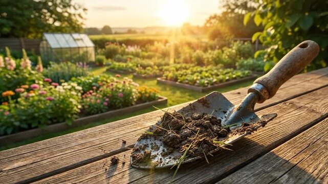 Garden trowel with soil on wooden planks in morning garden with blooming flowers and greenhouse at sunrise for spring.