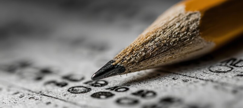 Macro Close-Up of Pencil Tip Writing on Answer Sheet with Soft Background Blur