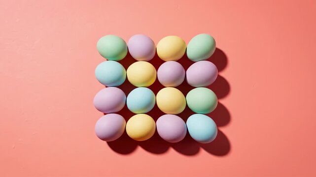 Multiple pastel-colored Easter eggs move from the edges to form a perfect four by four square grid on a solid coral background. Playful stop motion for holiday marketing and greeting cards.
