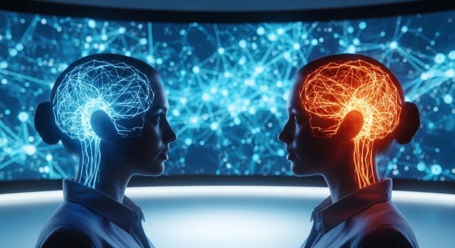 Exploring the fascinating interplay of human cognition and artificial intelligence, depicted by two glowing brain silhouettes in a digital network