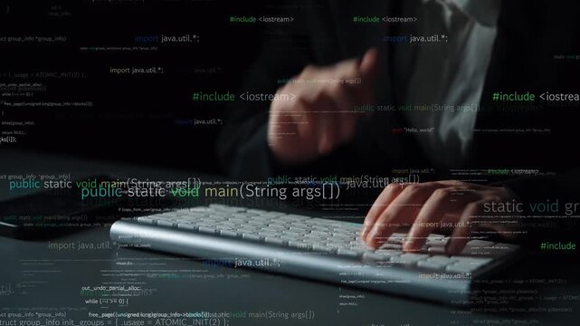 An intimate shot of a programmer actively coding on a keyboard, immersed in a dynamic environment filled with lines of code, representing modern technology and software innovation. Xenic
