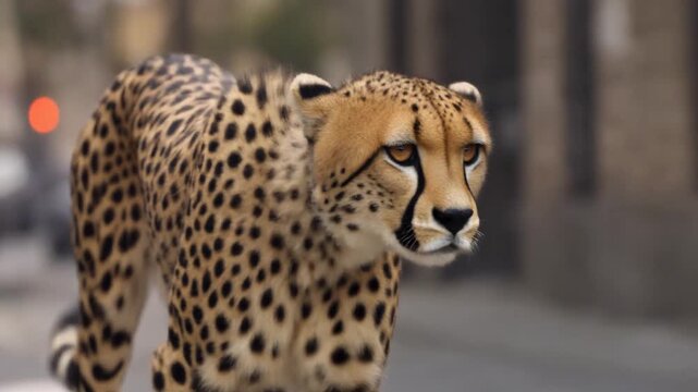 A cheetah walks boldly down a city street. The cheetah's unique spotted coat and intense gaze draw the eye, creating a striking contrast between the wild animal and the urban environment.