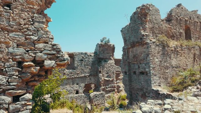 Archaeological remains of the ancient city of Anemurium under a clear blue sky