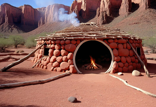 Traditional Navajo hogan in Arizona desert, circular earth-covered, log frame, smoke hole, red rock landscape
