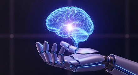 Intelligence technology concept with glowing digital brain in hand for artificial neural network learning