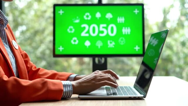 Business professional working towards sustainable 2050 goals on laptop