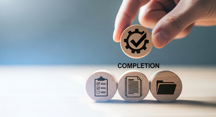 Operation management concept with hand picking gear icon block to optimize workflow and industrial system