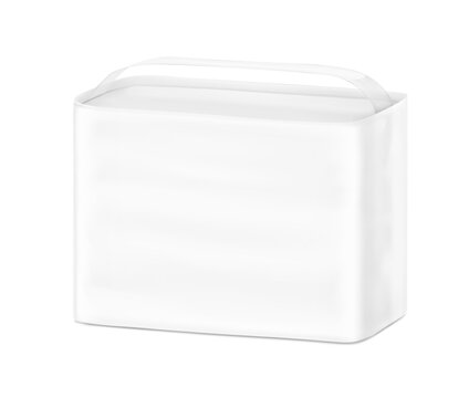 Stand bag with handle mockup. Half side view. Vector illustration isolated on white background. Ready for your design. Suite for the presentation of diaper, wet wipes, changing mats, pads. EPS10.