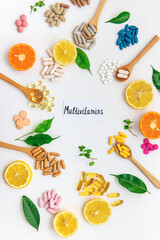 Various tablets and capsules, supplements and vitamins. Selective focus.