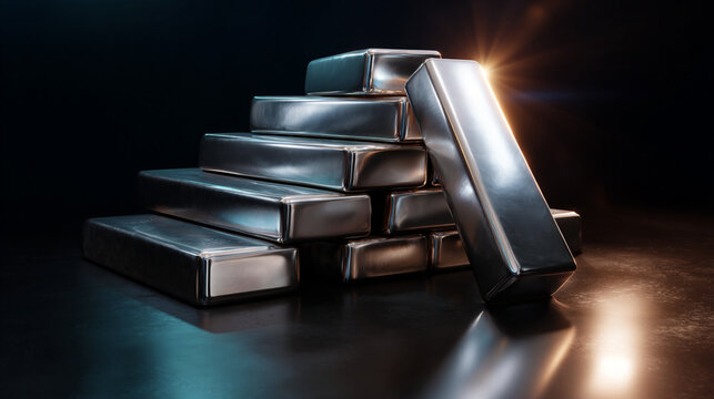 silver bullion bars stacked, polished silver bars closeup, luxury silver ingots shining