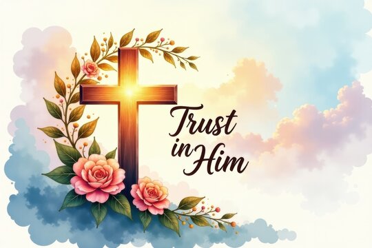 Trust in Him - Inspirational Christian Lettering with Cross and Flowers, Minimal Faith Quote Typography for Easter, Church, Bible Verse Design, Spiritual Wall Art