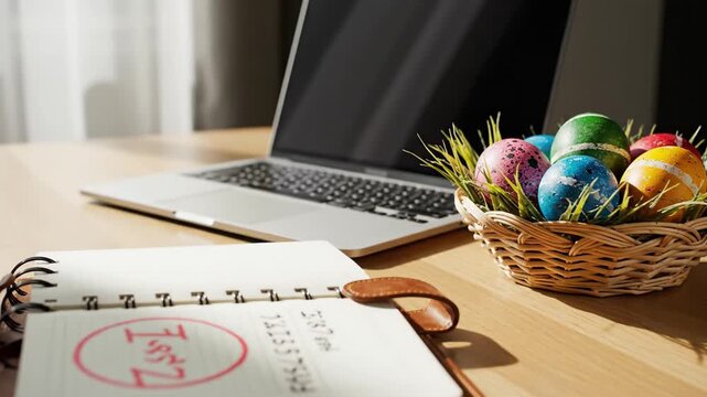Colorful painted Easter eggs in a basket on a wooden desk next to an open notebook and a laptop. Professional workspace decorated for spring holidays. Ideal for work life balance concepts.