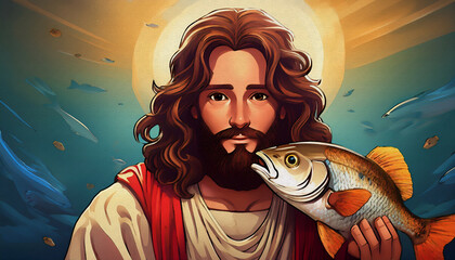 jesus christ and fish cartoon character illustration oil painting style ilustration 
