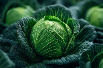 Obraz premium Close-up of vibrant green cabbage head highlights natural freshness and organic produce ideal for healthy eating and food marketing