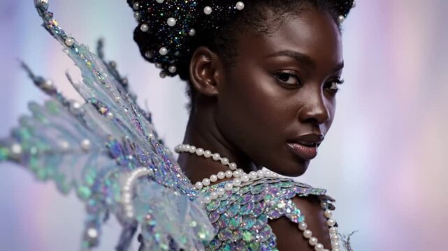 Beautiful african american woman model wearing fantasy sequin wings and pearl accessory. Fairy tale costume concept for fashion.