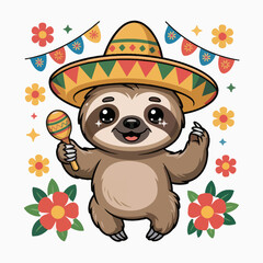 Fototapeta premium A cute cartoon sloth wears a colorful sombrero and holds a maraca.