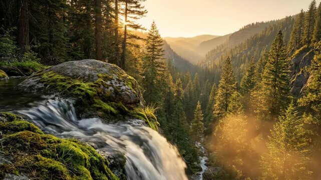 Majestic waterfall cascading down a mossy cliff in a sunlit pine forest valley, capturing the serene beauty of spring mountain landscape.