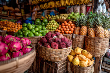Fruit market with baskets and fresh produce