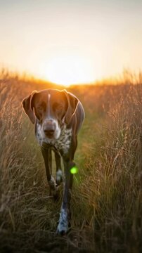 German shorthaired pointer dog in a field walking towards the camera with green glowing eyes at sunset Vertical video