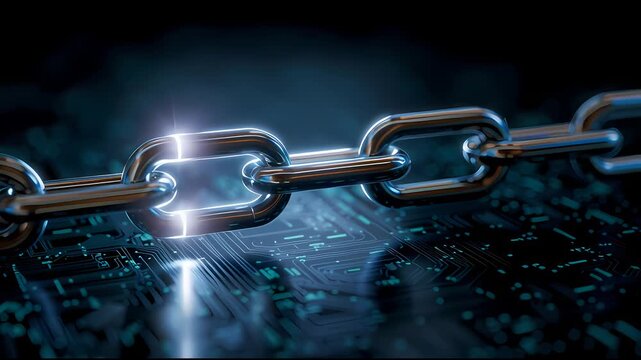 Macro view of shiny metal chain links on blue digital circuit board background representing blockchain technology and cybersecurity
