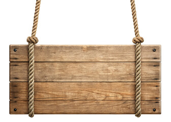 rustic wooden plank sign hanging by ropes isolated on a transparent background.