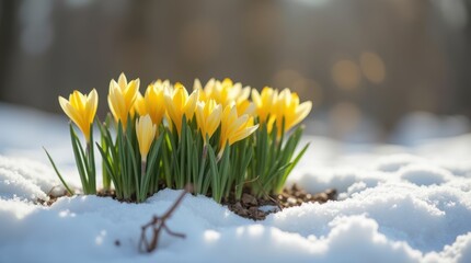Cluster crocuses daffodil shoots pushing via snowy thawing soil