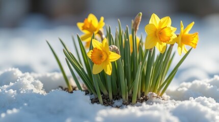 Naklejka premium Cluster crocuses daffodil shoots pushing via snowy thawing soil