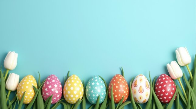 Colorful patterned easter eggs white tulips border blue background