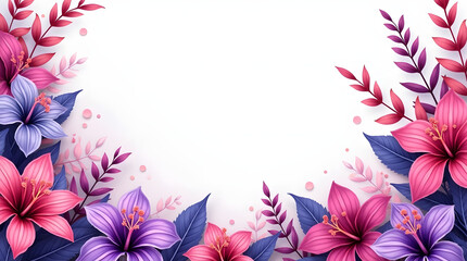 Obraz premium Vibrant floral border featuring pink and purple lilies and leaves against a soft white background.