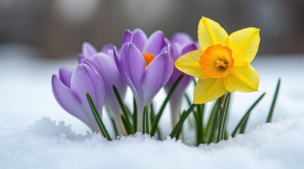 Purple crocuses blooming through melting snow around yellow daffodil buds © Kristina