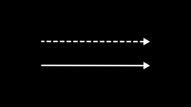 white straight arrows animation on black background. Reveal and hide animation of solid, dashed, and dotted arrows icon