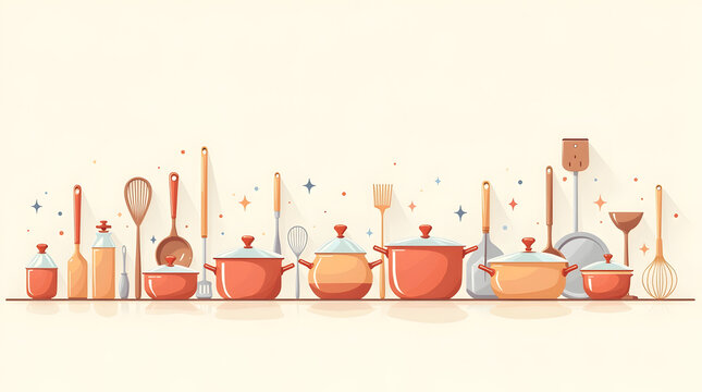 A colorful collection of kitchen utensils and cookware in a cheerful arrangement.