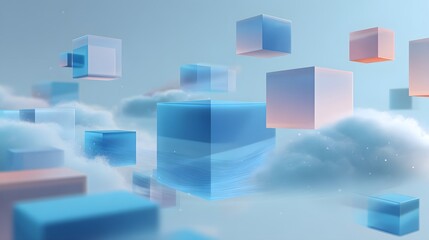 Obraz premium Abstract 3D Glowing Colorful Cubes Floating Above White Fluffy Clouds.