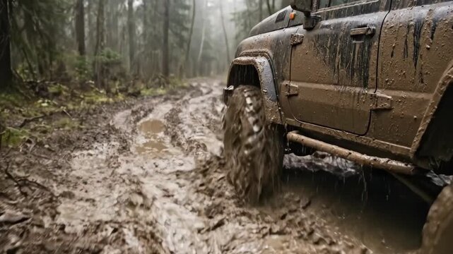 Off road vehicle drives through deep mud puddle in forest, splashing dirty water during dynamic spring or rainy weather adventure.