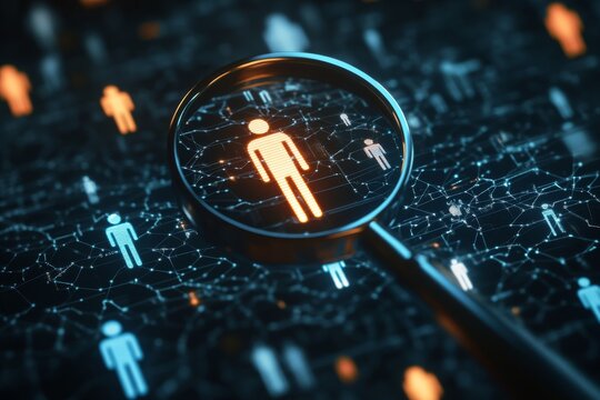 Focusing on user profiles with a magnifying glass in a digital network scene