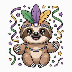 Fototapeta premium A cheerful sloth adorned with colorful feathers and beads . Confetti and streamers add to the festive atmosphere.