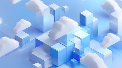 Obraz premium Abstract 3D Glowing Colorful Cubes Floating Above White Fluffy Clouds.