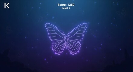 Vibrant neon purple butterfly illustration with glowing wings on a dark, mystical night sky background, digital art concept, serene and captivating