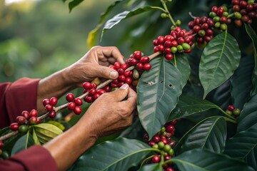 Skilled hands carefully harvesting ripe red coffee cherries from a lush green plant on a vibrant plantation Vector