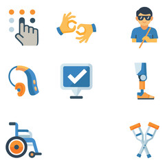 A flat vector icon set showcasing accessibility and disability-related symbols, including a wheelchair, crutches, prosthetic leg, hearing aid, sign language gestures, blind assistance, and interface  © Baby AI