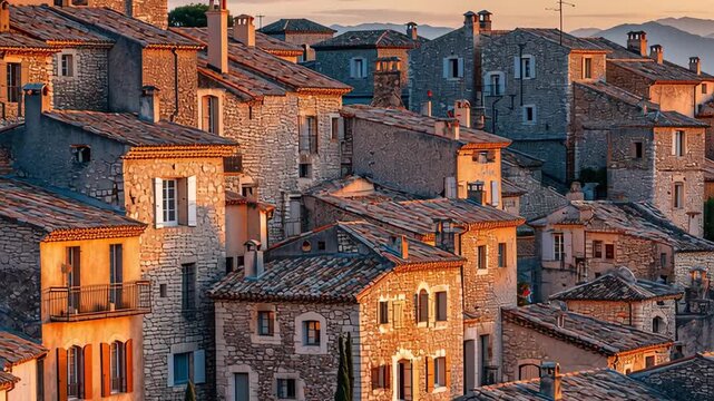 Warm sunset light on stone village rooftops in a historic European town, cozy old architecture for travel and lifestyle concepts