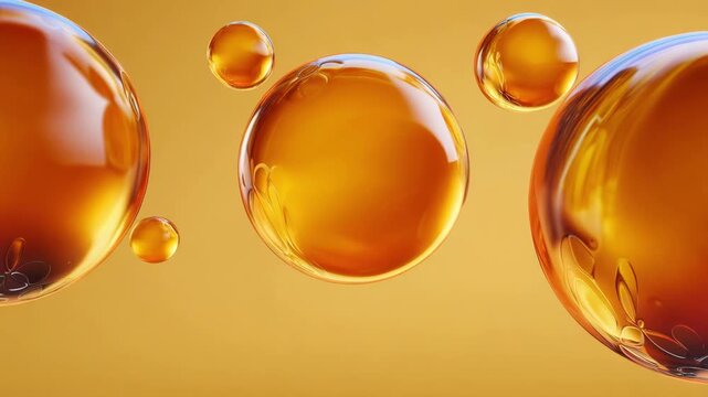 Golden yellow abstract oil bubbles of face serum. Macro microscope yellow bubble texture, Close-up Yellow bubbles and drops oil background . golden Yellow water bubbles, close up golden oil drop for c