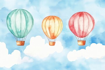 Obraz premium Hot air balloons float in clouds during a bright day in a watercolor style illustration on a clear blue sky