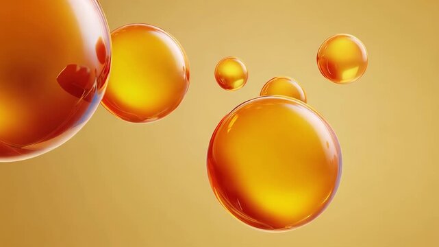 Golden yellow abstract oil bubbles of face serum. Macro microscope yellow bubble texture, Close-up Yellow bubbles and drops oil background . golden Yellow water bubbles, close up golden oil drop for c
