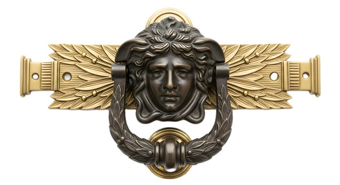 Antique brass door knocker with classical Medusa face design | Ornate Neoclassical style architectural feature | Detailed laurel wreath ring and gilded backplate brass hardware | Luxury bronze hardwar
