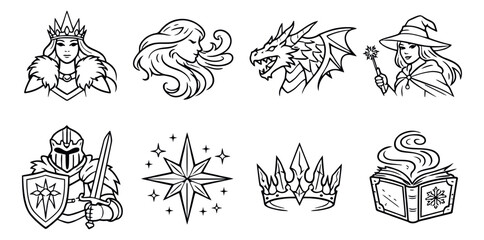 Obraz premium Hand drawn fantasy line art set featuring mythical characters and magic elements for storytelling and games